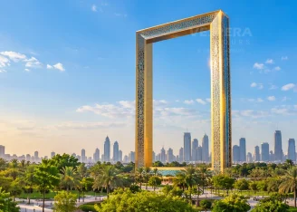 Dubai Frame in Zabeel Park with the city skyline beyond