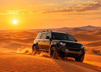 4x4 vehicle driving across Dubai desert dunes at sunset.