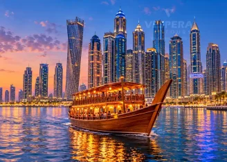 Vespera supplied hero photo of a dhow cruising among Dubai Marina towers at night
