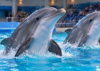 Dolphins during an indoor Dolphin and Seal Show at Dubai Dolphinarium