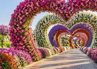 Seasonal floral displays and heart-shaped arches at Dubai Miracle Garden