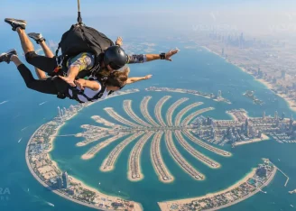 Vespera supplied hero photo of a tandem skydive over Dubai Palm Jumeirah